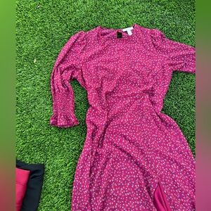 Red/blue floral dress, side slit, maxi dress